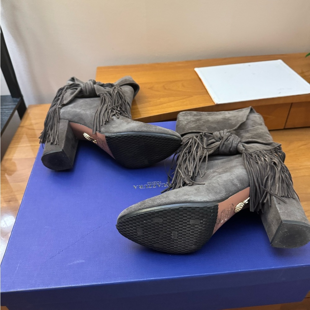 Gray Suede Fringe Ankle Boots